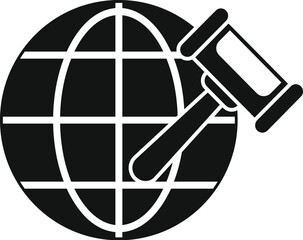 Poster - Simple icon of a judge gavel hitting the planet earth, symbolizing international justice