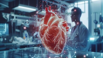 A man is standing in front of a computer screen with a heart on it. The heart is red and has a lot of detail. The man is wearing a white lab coat. Concept of scientific exploration and discovery