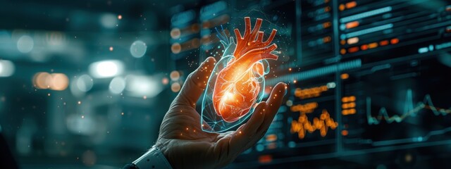 Wall Mural - A hand holding a heart in front of a computer screen. The heart is glowing red and the computer screen is displaying a lot of numbers and graphs