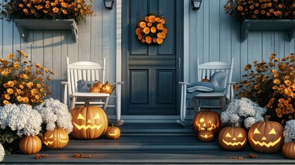 Sticker - Halloween Porch with Jack-o-Lanterns.