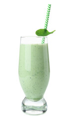 Wall Mural - Glass of fresh spinach smoothie on white background