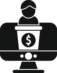 Poster - businessman is standing behind a podium with a dollar sign on it, giving a speech through a computer