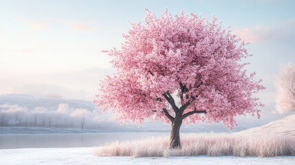 Canvas Print - Pink Cherry Blossom Tree in Winter Landscape.