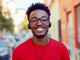 urban portrait smiling african american hipster in red shirt posing outdoors with headphones