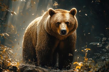 majestic brown bear in lush forest dappled sunlight through canopy rich earthy tones photorealistic style with painterly touches wild untamed atmosphere