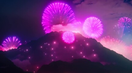 Wall Mural - Fireworks erupting over a mountain range.
