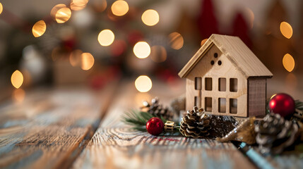 Wall Mural - A little wooden house and Christmas decoration on wooden table.