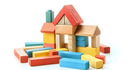 Poster - A partially-built, vibrant wooden house made of toy blocks is isolated on a white background.