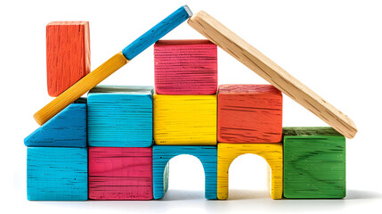 Poster - A partially-built, vibrant wooden house made of toy blocks is isolated on a white background.