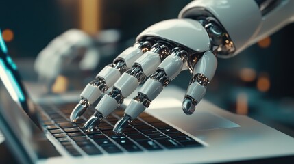 Canvas Print - Robotic Hand Typing on Laptop Keyboard.