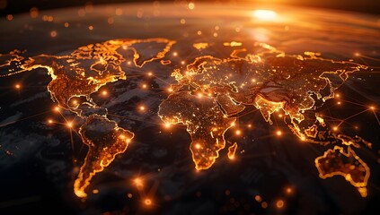 Global map with glowing connections between cities, representing the spread of digital network technology across multiple countries.