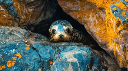 Poster - Curious Sea Lion Peeking From Rocks.