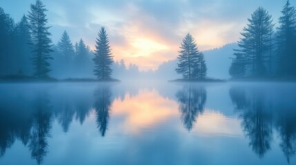 Poster - Misty Morning Lake with Silhouetted Trees.