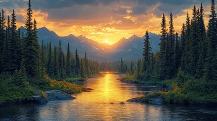 Wall Mural - Mountain River at Sunset.
