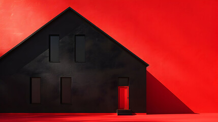 Poster - Black house with openings of windows and doors on a red background. 3D rendering