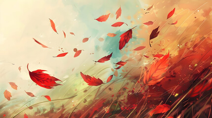Poster - leaves in a blowing wind, autumn manga wallpaper, ai generated image