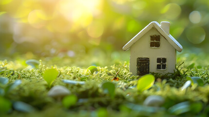 little house on green grass, on bright background