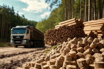 Timber transport  truck carrying wood from forest with wooden pellets stack in foreground