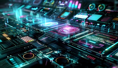Poster - A futuristic digital interface displaying an array of web design tools and code elements, with glowing lines representing data flow between them,