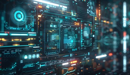 Poster - A futuristic digital interface displaying an array of web design tools and code elements, with glowing lines representing data flow between them,
