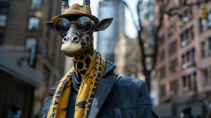 Sticker - yellow black brown giraf with hat and sunglasses, no suit, scarf, posing, hyperrealistic, atmospheric, in city, street, new york, cinematic