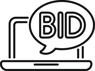 Poster - Line art icon of an online auction showing a bid speech bubble over a laptop