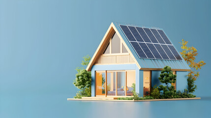 Poster - House with solar panels on blue background. 3D illustration. Copy space.