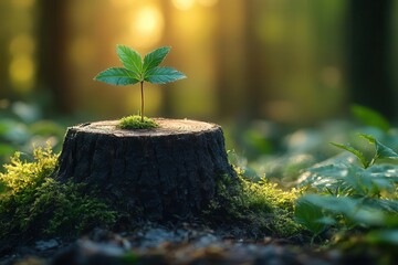 natures resilience young sapling sprouting from decaying tree stump symbolizing rebirth and continui