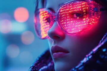 Poster - neonlit cyberpunk hacker mysterious figure in hightech coat surrounded by holographic screens binary code streams across face vibrant purples and blues create electric atmosphere