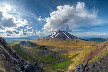 gorely volcano panorama in kamchatka, russia with cloudy sky stunning landscape photography