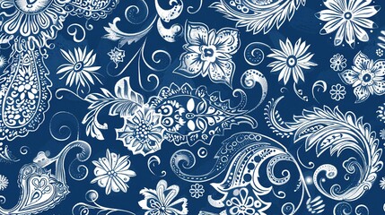 Poster - White floral paisley pattern, blue background, square border