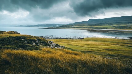 Sticker - Dramatic Landscape with Sea, Mountains, and Cloudy Sky.