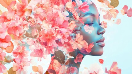 Canvas Print - Woman With Pink Flower Double Exposure.