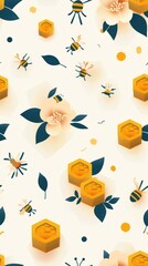 Canvas Print - Honeycomb, Bees, and Flowers in a Seamless Pattern