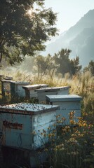 Wall Mural - Beehives in a Morning Meadow