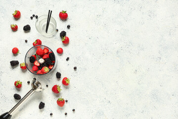 Wall Mural - Hand blender and different berries for preparing fresh smoothie on white background