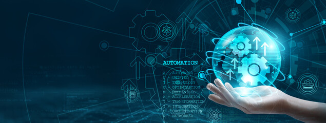 Wall Mural - Automation. Hand holding a globe with a network connecting data points, representing the integration of digital technology, automation, and innovation across global systems.