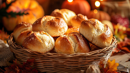 A basket of freshly baked bread rolls on a Thanksgiving table