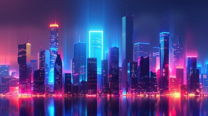 Poster - Abstract cityscape with neon lights.