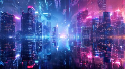 Poster - Abstract cityscape with neon lights.