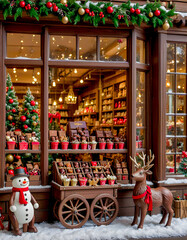 Christmas chocolate shop window with holiday-themed chocolates. Christmas decorations -chocolate deer and snowman, twinkling fairy lights, evergreen garlands. Backdrop with Christmas tree