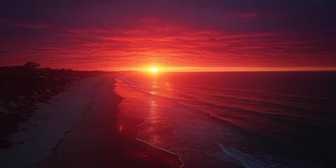 Wall Mural - Stunning Coastal Sunset with Vibrant Red and Purple Sky Over Calm Ocean Waves and Serene Beach - Perfect Nature Photography