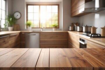 Wooden Countertop in a Modern Kitchen with Blurred Background