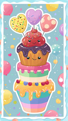 Wall Mural - cupcake balloons hearts sprinkles dessert sweet colorful celebration party fun cheerful cute whimsical icing happy birthday illustration playful festive pastel 