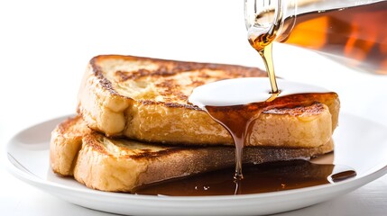 pouring maple syrup over freshly made french toast, isolated on white background