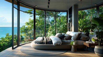 Wall Mural - Bedroom with a round bed - Light gray brown parquet