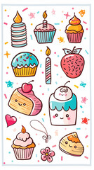 Wall Mural - cupcake cake dessert strawberry candle star heart cherry frosting sprinkles pastry drawing sweet cartoon kawaii 