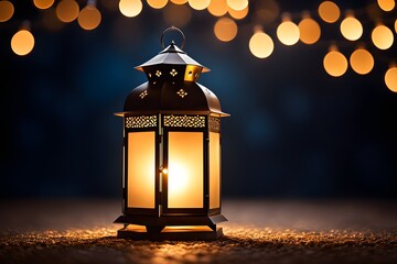 A lantern is lit up in a dark room