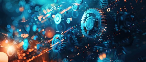 Poster - Abstract Technological Composition with Gears and Lights in Blue and Orange Tones for Business Innovation and Technology Advancement