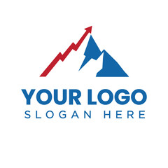 Poster - This is a simple flat logo of a blue mountain with a graphic arrow moving upward in red on a white background
	
